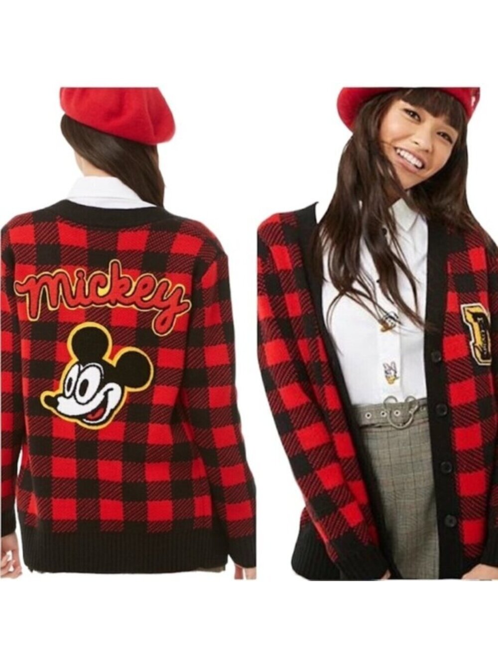 Disney x Forever 21 Mickey Mouse Checkered Cardigan Sweater - Large